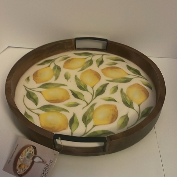 Gourmet Basics Lemon Rotating Tray, wood with iron handles. 16”L X 16”W X 2.75”H - Picture 6 of 17